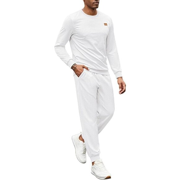 Men's 2 Piece Sweat suit Jogging Suit Set Long Sleeve Jacquard Shirt White - Picture 3 of 6
